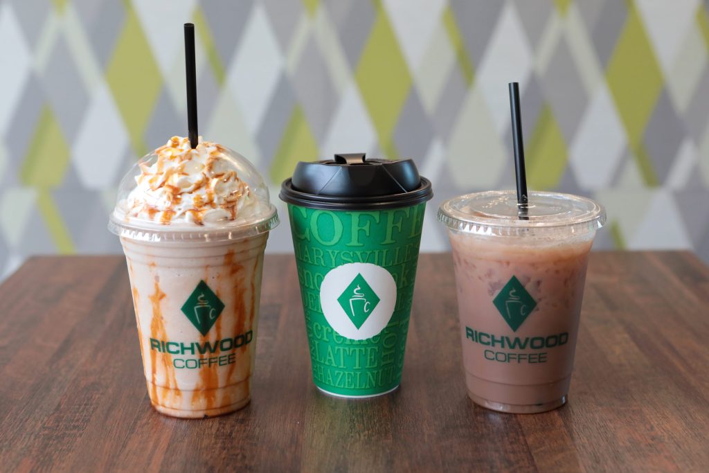 Image of three coffee drinks available at Richwood Coffee in Ohio.