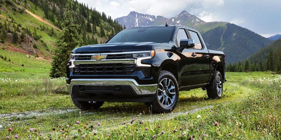 A black 2022 Chevrolet Silverado parked on a field with mountains in the back.