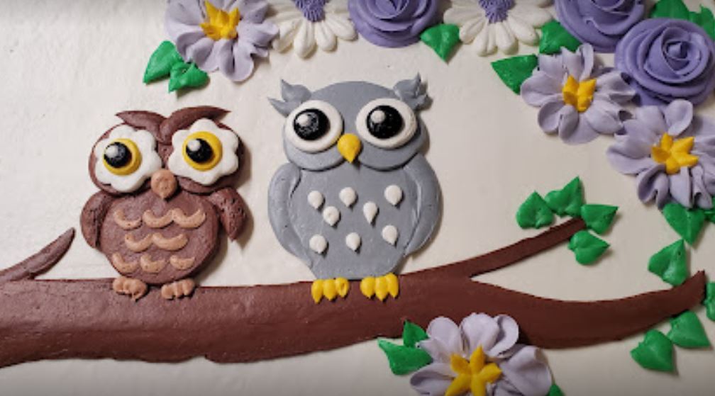 An image of a cake with two owls decorated on a branch with flowers served at The Ribbon Box Cakery and Gifts. 